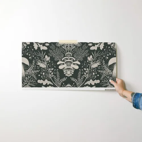 Vista 7 de Papel tapiz para despegar y pegar, diseño de damasco de bosque de hongos, verde oscuro, bosque, caracol, helecho, bellota, papel tapiz extraíble