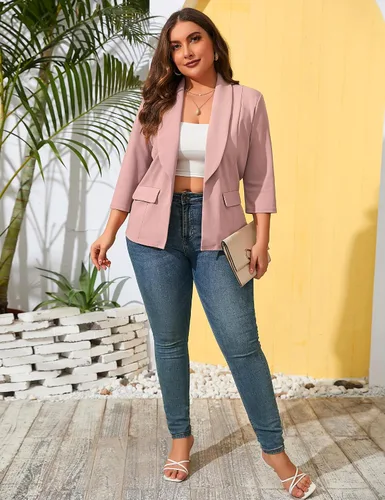 Vista 6 de ShopWonder Blazer casual con bolsillos para mujer, talla grande, para oficina, frente abierto, manga 34, cárdigans, chaqueta de trabajo