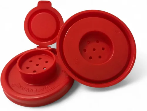 Vista 3 de Tupperware salero y pimentero grandes con forma de reloj de arena, con tapa color rojo.