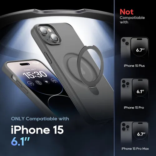 Vista 2 de Funda magnética para iPhone 15 con soporte, soporte de anillo invisible con protector de pantalla compatible con MagSafe Slim esmerilado mate, funda