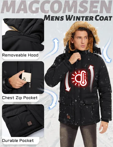 Vista 6 de MAGCOMSEN Men's Winter Coat Fleece Lined Parka Jacket Hooded Puffer Jacket Thicken Warm Fur Coat Men Outerwear