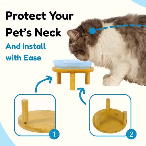 Vista 4 de Cuencos elevados de cerámica para gatos con soporte de bambú, platos elevados de comida para mascotas para gatos y perros pequeños, comedero