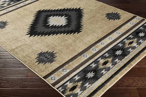 Vista 4 de Hoylake Southwestern - tapete estilo tribal, azteca, indio americano e indie, felpudo, pequeño, marrón, gris, negro, 1 pie y 10 pulgadas por 2 pies
