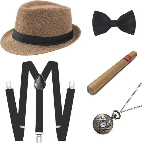 Vista 11 de BABEYOND 1920s - Conjunto de accesorios de gángster de Gatsby para hombre, sombrero de Panamá y pajarita