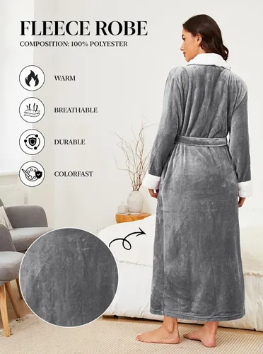 Vista 4 de Hellomamma Bata de baño larga para mujer, de felpa suave, de forro polar, camisón para mujer, pijama, ropa de dormir
