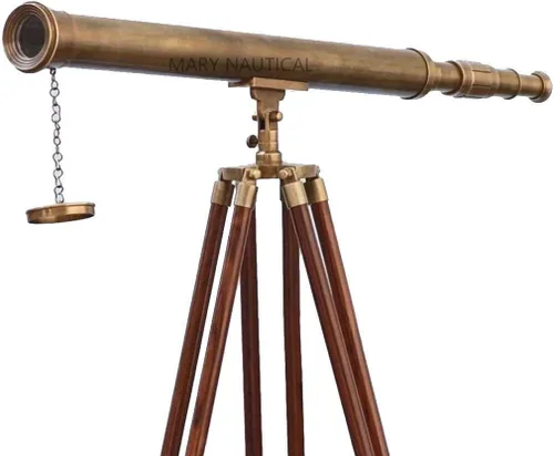 Vista 7 de Telescopio de latón de un solo barril acabado brillante telescopio de pie de madera marrón trípode vintage de alta ampliación trípode telescopio