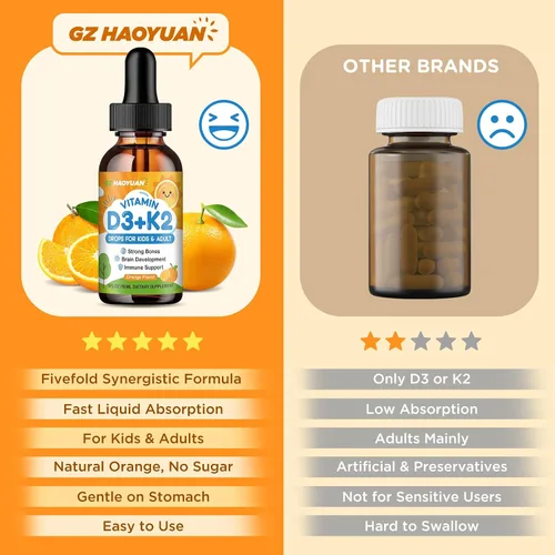 Vista 6 de Gotas de vitamina D3 K2 para niños, suplemento líquido con calcio, Omega 3, zinc, vitamina D3 K2 para absorción de calcio huesos saludables