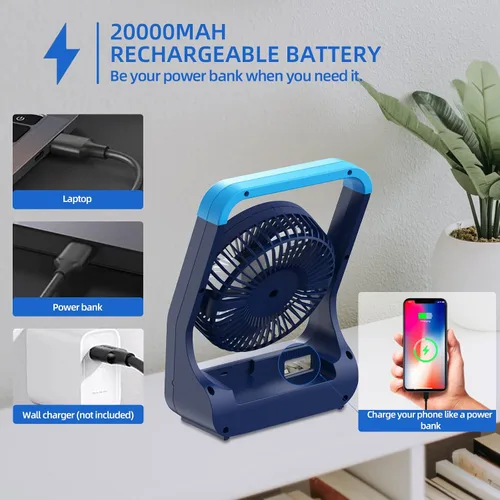 Vista 5 de Ventilador con batería recargable, ventilador de escritorio personal de 20000 mAh, ventilador de mesa USB portátil, ventilador de escritorio