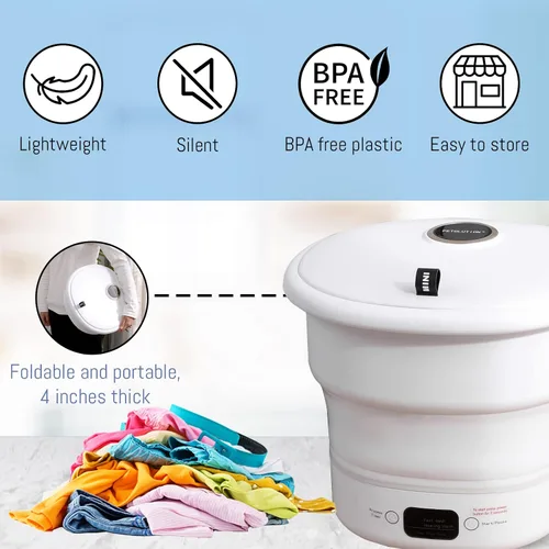 Vista 5 de Mini lavadora portátil – Pequeña lavadora plegable para ropa – Para camping, RV, viajes, espacios pequeños (blanco)