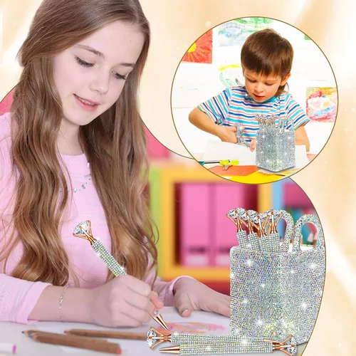 Vista 7 de Qilery 8 accesorios de escritorio brillantes de regalo con 1 soporte para bolígrafo, 6 bolígrafos de diamantes de imitación de cristal, 1 tijeras