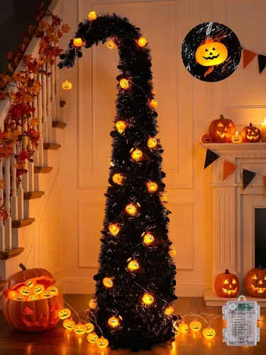 Vista 10 de Brizled Prelit Black Halloween Tree, 5 ft Lighted Fall Tree with Lights