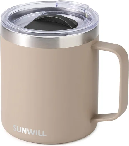 Vista 28 de SUNWILL - Taza de café de viaje con tapa, taza aislada con asa, taza de acero inoxidable de 14 oz para hielo, agua, té, color oro rosa
