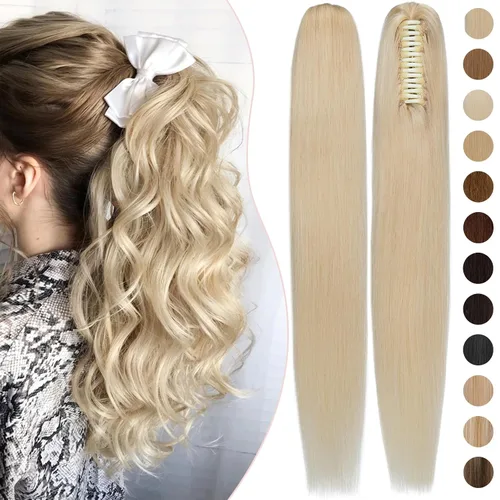 Vista 27 de Rich Choices Extensión de cola de caballo con clip de garra, cabello humano real, una pieza, extensiones de cabello largo Remy para mujer, #18P613