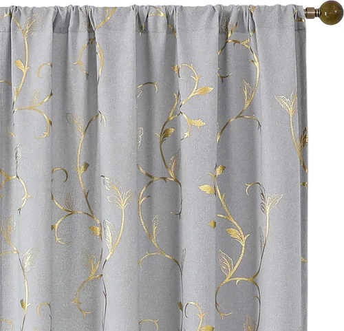 Vista 25 de BUHUA Juego de 2 paneles de cortinas opacas con estampado de vid plateada, cortinas con aislamiento térmico para oscurecer la habitación