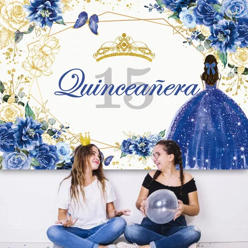 Vista 4 de Sendy SENDY - Telón de fondo de quinceañera para cumpleaños de quinceañera de 7 x 5 pies para fiesta de Dulce Girl Mis Quince Anos, color azul rey