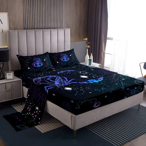 Vista 8 de Erosebridal Aries - Juego de sábanas tamaño individual de nebulosa hippie y astrología del zodiaco psicodélico, juego de sábanas psicodélico