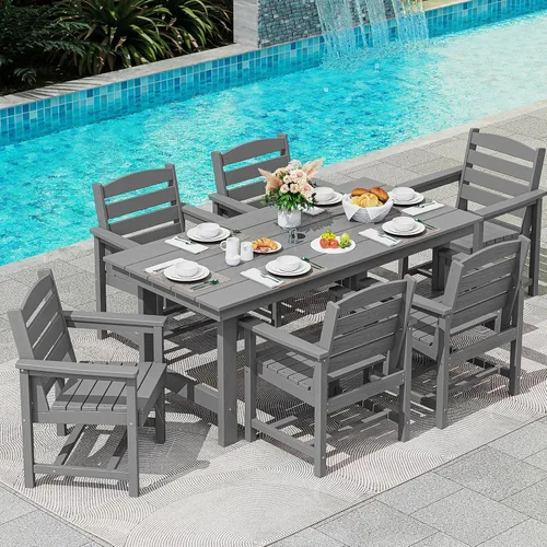 Vista 6 de SERWALL Juego de Mesa de Comedor de HDPE para Exteriores, Juego de 7 Piezas de Mesa de Comedor al Aire Libre con Mesa con Corte para Agujero de Gris