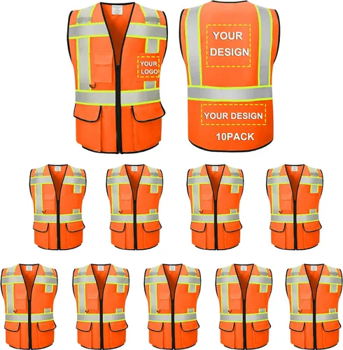 Vista 41 de Chaleco Reflectante Clase 2 de Seguridad ANSI con Bolsillos y Cremallera de Alta Visibilidad Uniforme de Construcción K-verde-1pack-custom