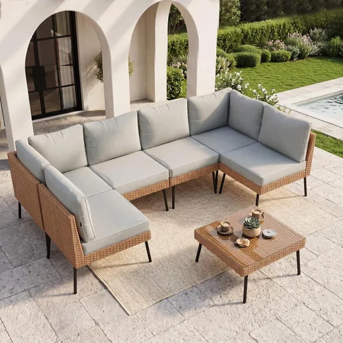 Vista 15 de Aoxun Juego de muebles de patio de 7 piezas con mesa auxiliar, color beige Muebles de mimbre para exteriores con cojines gruesos resistentes al