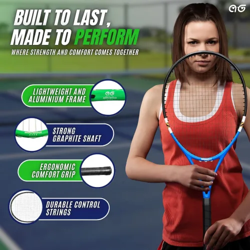Vista 5 de Paquete de 2 raquetas de tenis para principiantes, paquete variado de dos colores con 2 pelotas de tenis, cinta de agarre, tarjetas de oferta