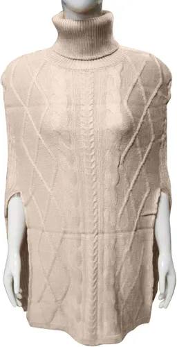 Vista 4 de Suéter tipo poncho para mujer, tejido de punto trenzado, cuello alto, capa de chales, suéter para otoño e invierno