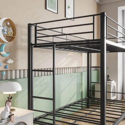 Vista 6 de HAUSHECK Literas individuales para 2 niños, litera individual sobre individual con dos escaleras laterales y barandillas de longitud completa