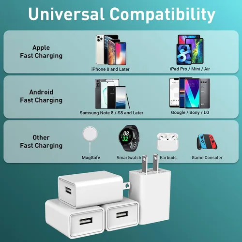 Vista 6 de Paquete de 4 cargadores de pared USB USB enchufe de pared 5V 2.1A adaptador de corriente alterna compatible con teléfonos inteligentes, relojes