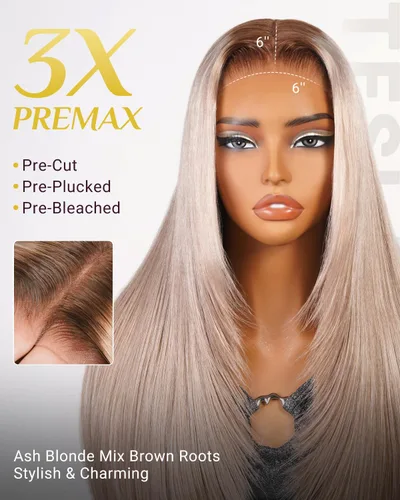 Vista 3 de TESLAL - Peluca de mezcla de cabello humano lacio rubio ceniza de encaje de 6 x 6 pulgadas, sin pegamento, 20 pulgadas Premium Fiber Blend Human
