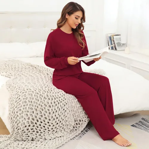 Vista 2 de ANGGREK Conjunto de pijama de manga larga para mujer, ropa de dormir suave, ropa de dormir con bolsillo