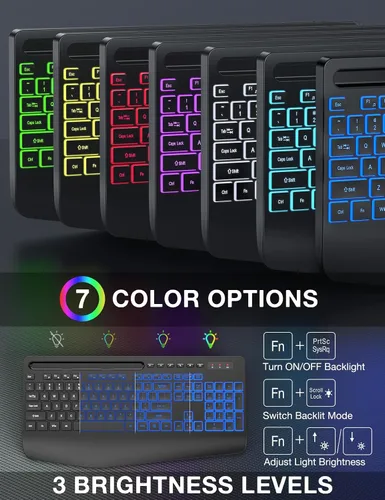 Vista 8 de Combo de teclado y mouse inalámbricos SABLUTE - 9 efectos retroiluminados, 2.4 GHz Ergo Wrist Rest, Phone Holder, Full Size, Rechargeable, Sleep