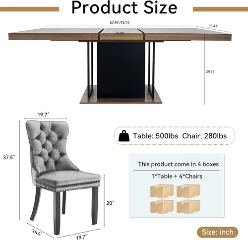 Vista 8 de Juego de mesa de comedor de 5 piezas con 4 sillas tapizadas, juego de mesa rectangular extensible para 4, juego de comedor retro para cocina y Mesa