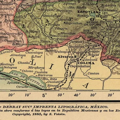Vista 4 de Mapa de Jalisco México desde Atlas Mexicano c. 1884 por Antonio Garcia Cubas Arte de pared vintage, impresión histórica del estado mexicano