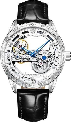 Vista 2 de Relojes de cuero de esqueleto para hombre, vestido de lujo automático, mecánico, automático, impermeable, luminoso, relojes de pulsera