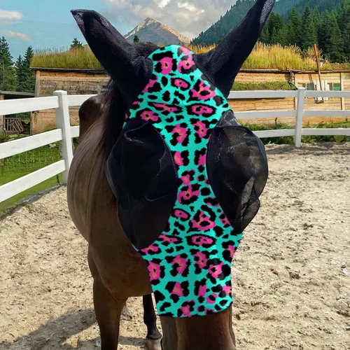 Vista 2 de Máscara de mosca de caballo UV mejorada con orejas, protector solar equino, licra silenciosa, elástica, con protección para los oídos
