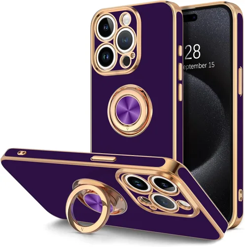 Vista 8 de Hython Funda para iPhone 15 con Soporte de Anillo, Soporte de Anillo Giratorio de 360° Soporte Magnético, Borde Chapado en Oro Rosa Cubierta Suave
