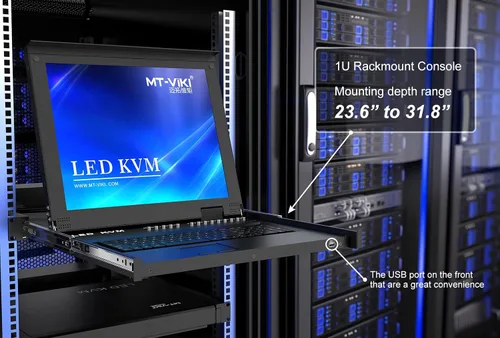 Vista 5 de MT-VIKI Conmutador KVM para rack con monitor LCD de 17 pulgadas, conmutador KVM VGA de 16 puertos con monitor táctil de teclado, apto para rack