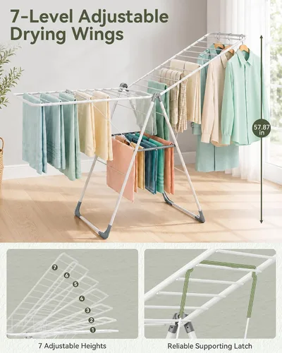 Vista 3 de APEXCHASER - Estante de secado de ropa de 2 niveles, 28 varillas plegables, ajustable No Assembly Needed, Rust-Proof Sturdy Frame, Foldable