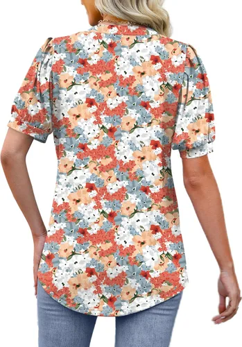 Vista 5 de OFEEFAN Blusas plisadas de manga abombada para mujer, cuello en V, holgadas, dobladillo curvado, blusas elegantes, informales, S-3XL