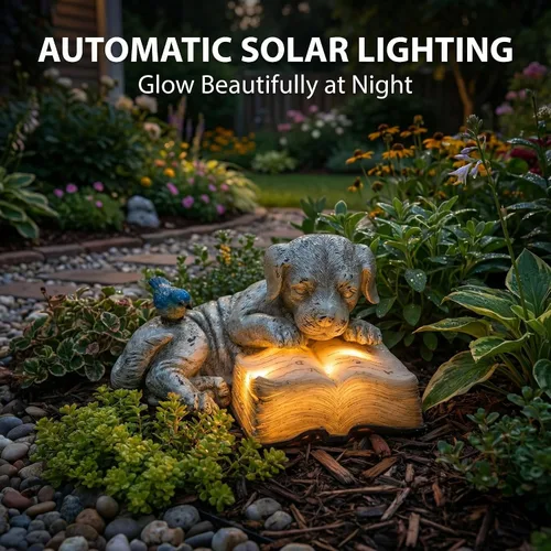 Vista 3 de Topadorn Estatua de jardín solar para cachorros con libro LED brillante, perro de resina pintado a mano con pájaro azul, decoración de patio al aire