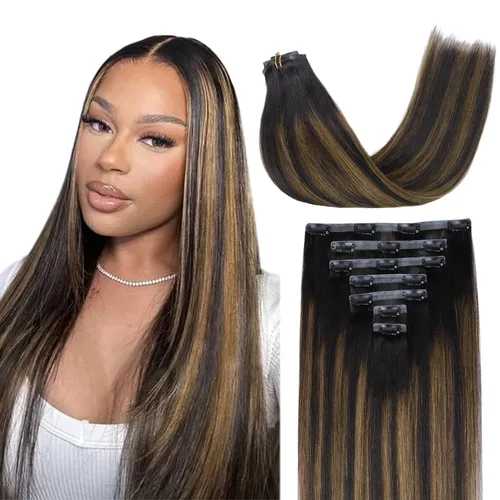 Vista 72 de Lashey Extensiones de cabello humano con clip, sin costuras, #1, color negro azabache, extensiones de cabello humano real, extensiones de cabello