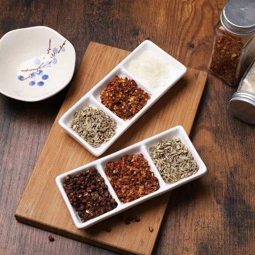 Vista 6 de Yardwe 4 bandejas de cerámica blanca para servir aperitivos con 3 compartimentos, plato versátil para condimentos para aperitivos, salsas