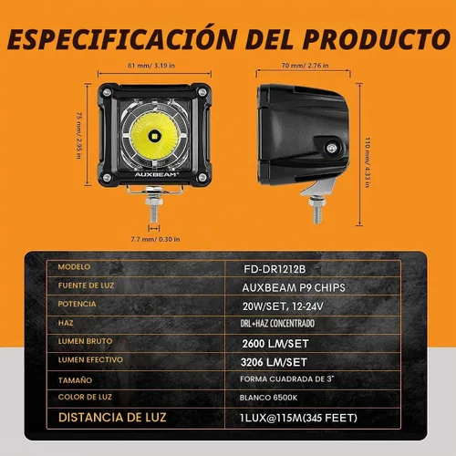 Vista 3 de Auxbeam Serie FA, cubos LED de 3 pulgadas con DRL, 2 modos, haz puntual, luces todoterreno de 20 W, luces de conducción, luces de pilar A, luces