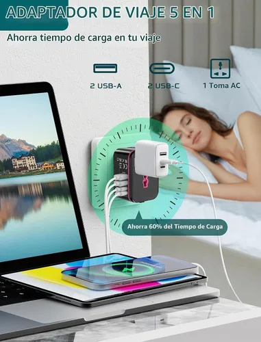 Vista 4 de Adaptador de viaje universal en todo el mundo, adaptador de enchufe de viaje europeo con 2 USB C, 2 USB A y múltiples salidas de CA, convertidor