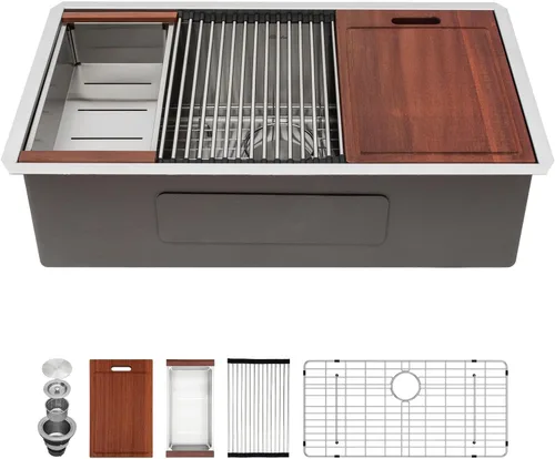 Vista 43 de Sarlai Fregadero de cocina empotrado de 30 pulgadas dorado - Fregadero de cocina de 76,2 cm x 45,7 cm con repisa para estación de trabajo de acero