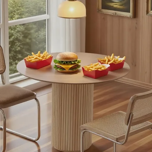 Vista 11 de Mesa de comedor de madera moderna de mediados de siglo, pequeñas mesas de cocina redondas de madera con patas de madera, mesa de comedor redonda
