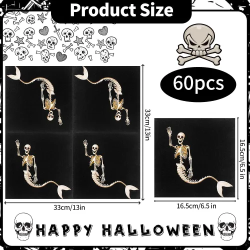 Vista 4 de 60 servilletas de Halloween – Servilletas de papel desechables de 6.5 x 6.5 pulgadas, servilletas negras de esqueleto de sirena para reuniones