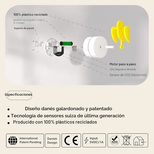 Vista 6 de Birdie 2.0 - Monitor de CO2 de diseño interior - Medidor de calidad del aire para el hogar y la oficina - Promueve la salud mental y física