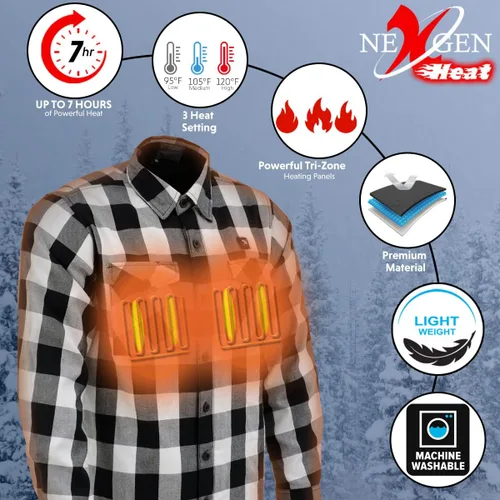 Vista 2 de Nexgen Heat NXM1601SET Riffraff - Camisa de manga de franela térmica para hombre, color negrogrisblanco, actividades al aire libre con batería