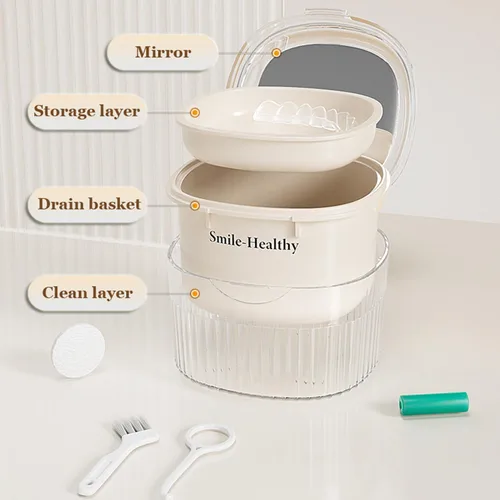Vista 2 de Caja de retención de dentadura y tirantes transparentes para limpiar la dentadura y la caja de baño con cesta colador, contenedor de remojo