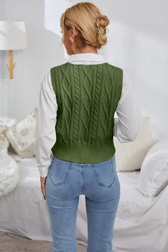 Vista 5 de Aoysky Suéter chaleco con cuello en V para mujer, sin mangas, suéter de punto trenzado, color sólido, sin mangas, ajuste holgado